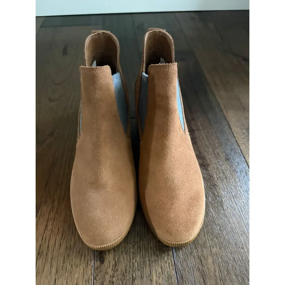 Sorel After Hours Chelsea Wedge Booties Camel Suede Grey Felt Size 10